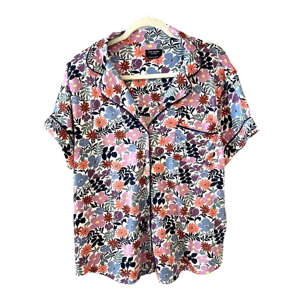 Kate Spade Floral Pajama Top Women's XL Short Sleeve Button-Up Stretch Soft Cozy